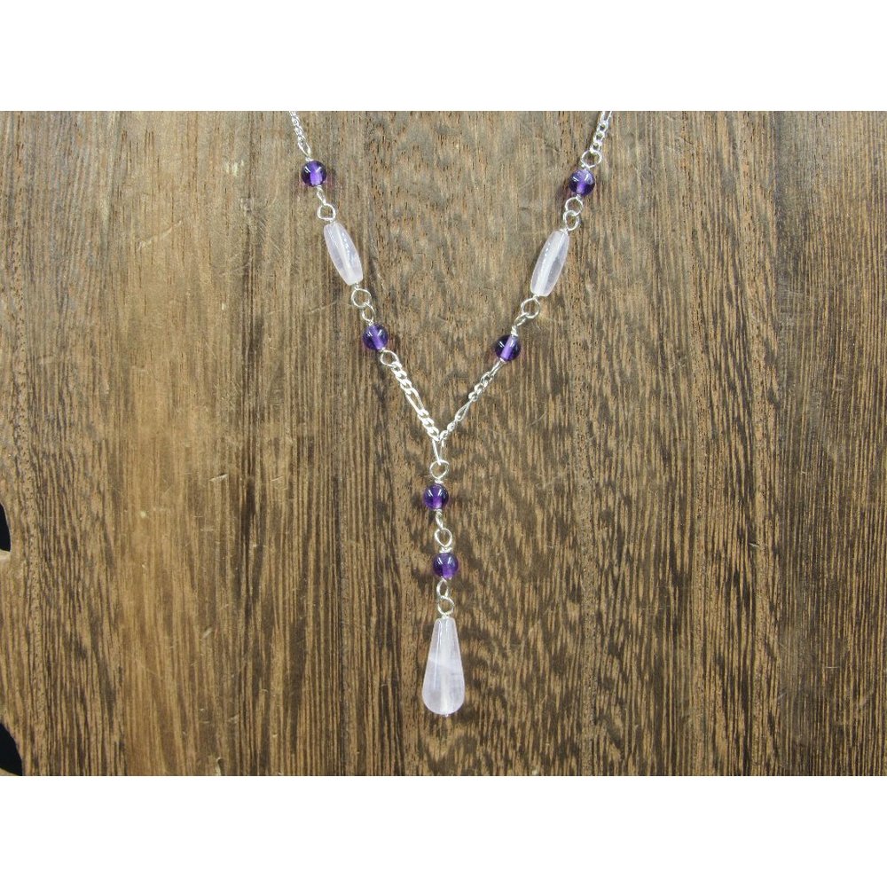 18 Inch Sterling Silver Rose Quartz And Amethyst Stones Necklace